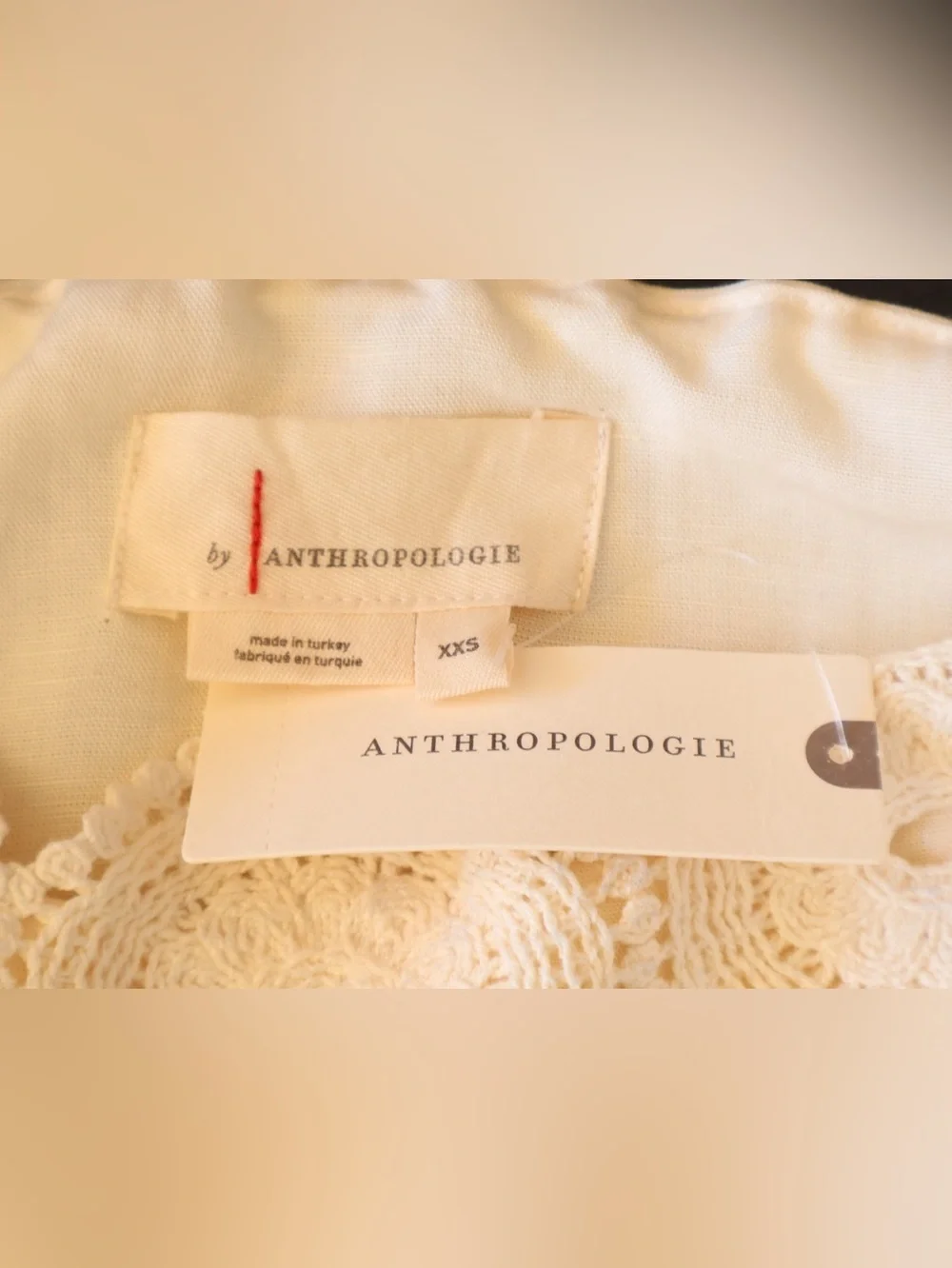 Anthropologie Cream Crochet-Yoke Peasant Top XXS